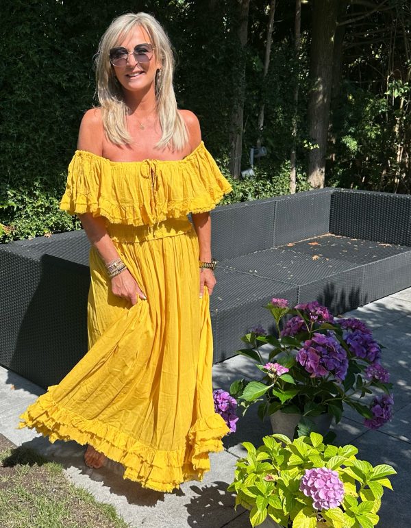 prachtige off shoulder dress Geel